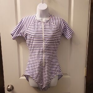 Kona Sol Blue and White One Piece Swimsuit with High Neckline and Fitted Sleeves